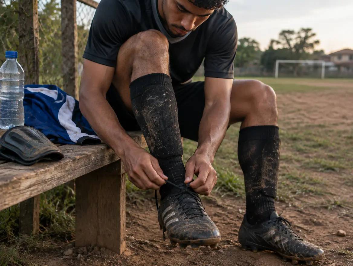 Jogador amarrando a chuteira no banco de madeira ao lado do campo de terra