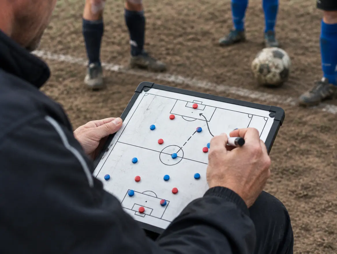 Técnico desenhando a formação numa prancheta tática à beira do campo